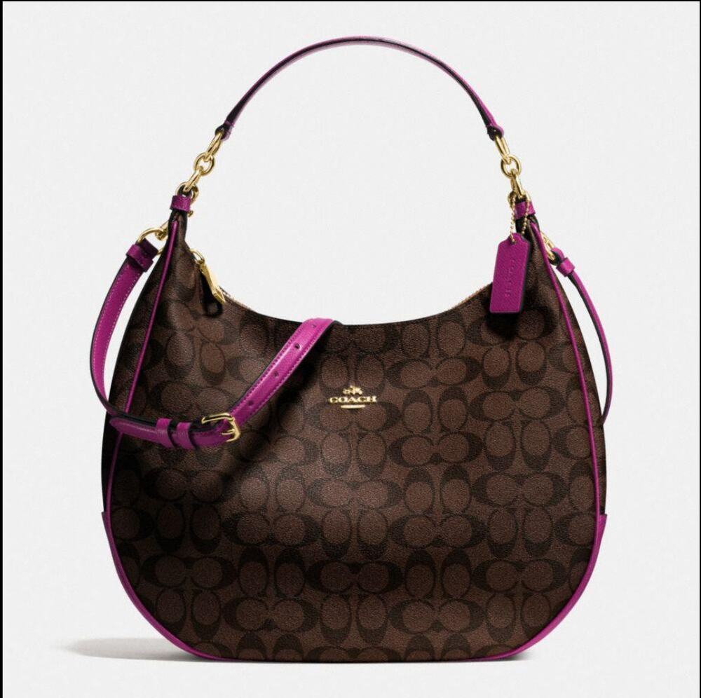 Coach Harley Hobo Signature Brown Fuchsia Shoulder Crossbody Bag Dustbag